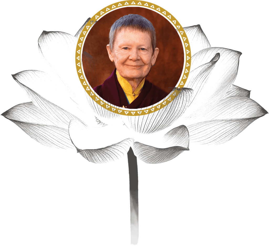 A smiling headshot of Pema Chödrön, placed inside of a decorative circular border with a black-and-white lotus flower in the background.